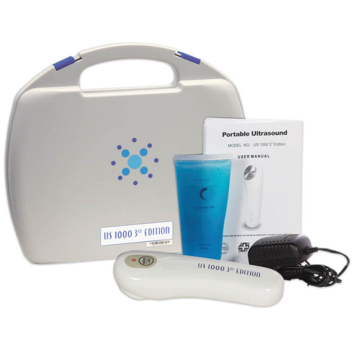 Complete kit for the US 1000 3rd Edition portable ultrasound unit, displaying the therapeutic wand, a tube of ultrasound gel, power adapter, and the protective hard carrying case designed for convenient home use.