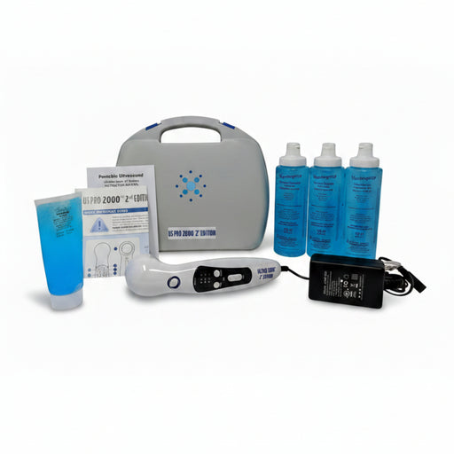 Complete combo package layout featuring the US Pro 2000 2nd Edition Portable Ultrasound Unit, protective carrying case, and three 250ml bottles of blue multi-purpose ultrasound lotion for home health care treatments.