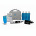 Complete combo package layout featuring the US Pro 2000 2nd Edition Portable Ultrasound Unit, protective carrying case, and three 250ml bottles of blue multi-purpose ultrasound lotion for home health care treatments.