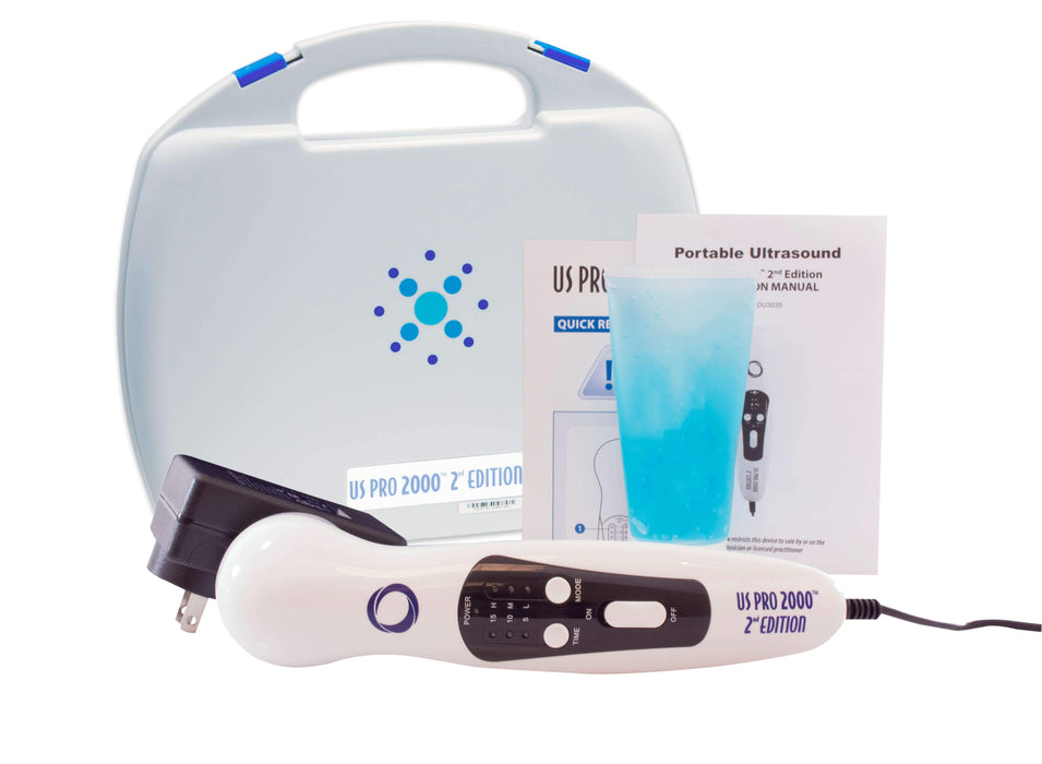 Complete kit for the US Pro 2000 2nd Edition portable ultrasound unit, displaying the therapeutic device, a tube of ultrasound gel, power adapter, and the protective hard carrying case.