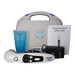 Close-up view of the US Pro 2000 portable therapeutic ultrasound wand device alongside its power adapter and custom-molded hard plastic open carrying case.