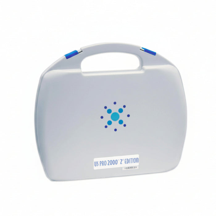 Standalone front view of the protective white and blue hard carrying case for the US Pro 2000 Portable Ultrasound Unit, designed for secure storage and convenient travel.