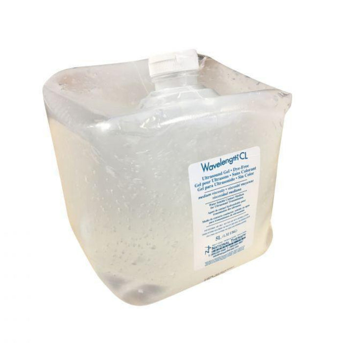 Standalone front view of the 5-litre container of Wavelength Clear Ultrasound Gel, a dye-free, colourless, medium-viscosity conductive medium designed for reliable professional clinical use.