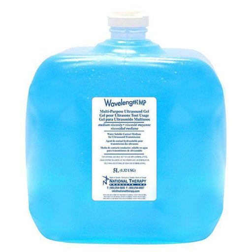 Standalone front view of the 5-litre jug of blue Wavelength Multi-Purpose Ultrasound Gel, a medium-viscosity conductive medium designed for reliable professional clinical use.