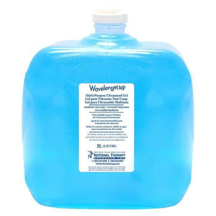 Standalone front view of the 5-litre jug of blue Wavelength Multi-Purpose Ultrasound Gel, a medium-viscosity conductive medium designed for reliable professional clinical use.